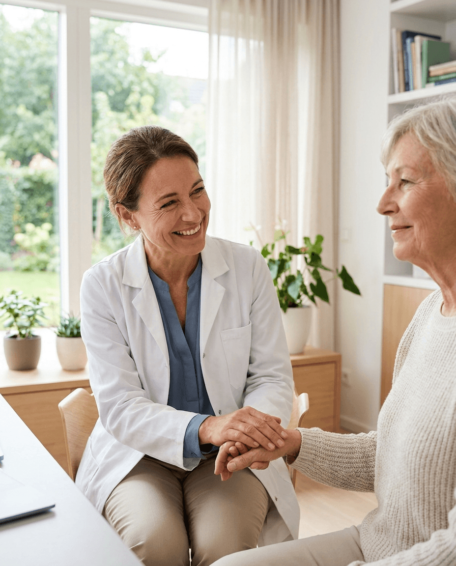 A doctor warmly reassuring an older patient